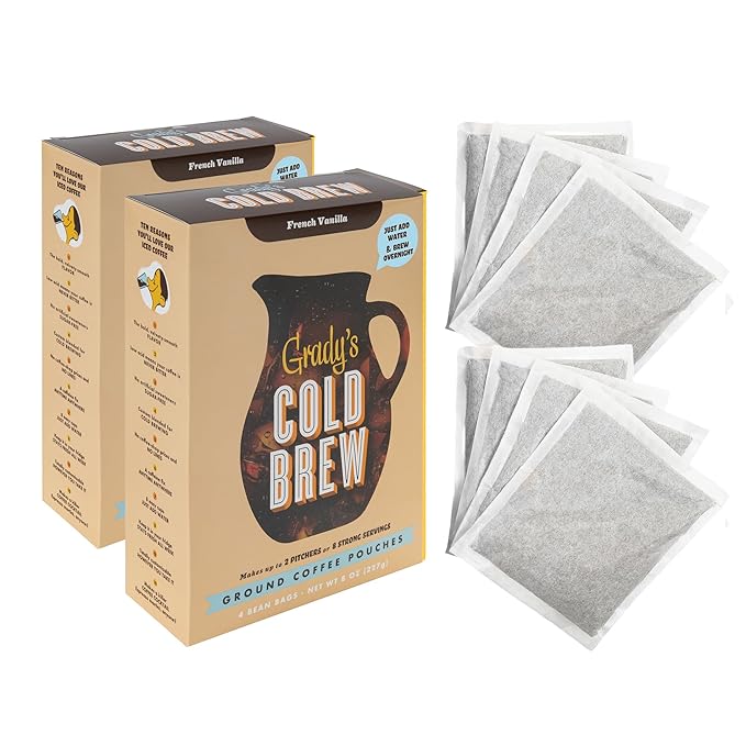 GRADY’S COLD BREW, French Vanilla, 100% Arabica Ground Coffee & Chicory Pouches, TWO Bundles of 4