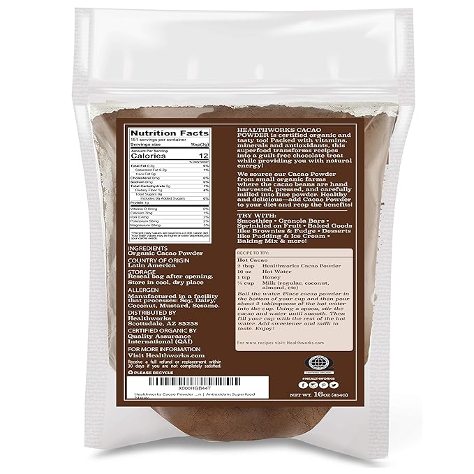 Healthworks Superfoods Organic Cacao Powder - 16 Oz / 1 Lb - Cocoa Chocolate Substitute - Rich