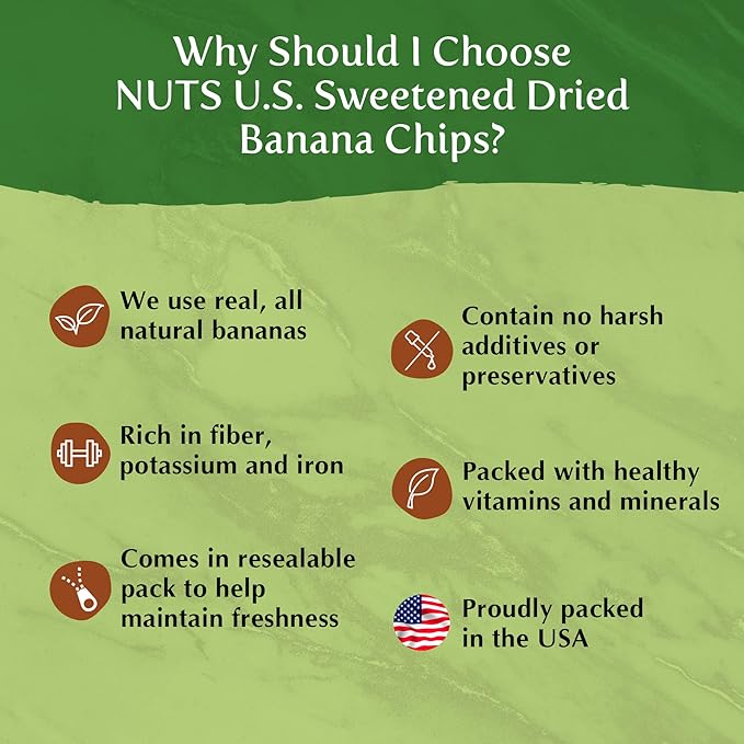 NUTS U.S. - Banana Chips | Dried and Sweetened | All Natural | Vegetarian |Non GMO and Gluten Free