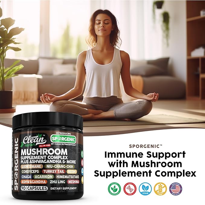 Organic Mushroom Supplement | Ashwagandha Lions Mane Cordyceps Turkey Tail Reishi Mushrooms Maca