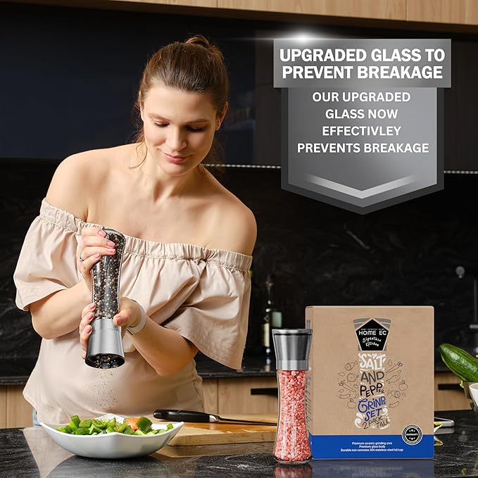 Home EC Premium Stainless Steel Sea Salt and Pepper Grinder Set of 2 - Adjustable Ceramic - Tall