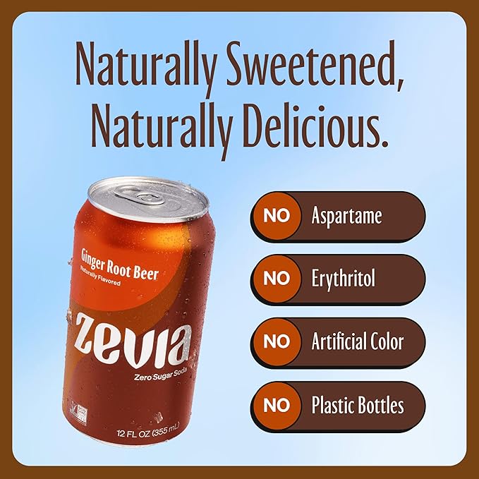 Zevia Zero Sugar Soda, Ginger Root Beer, 12 oz Cans (24-Pack) ??Naturally Sweetened, Zero Calorie