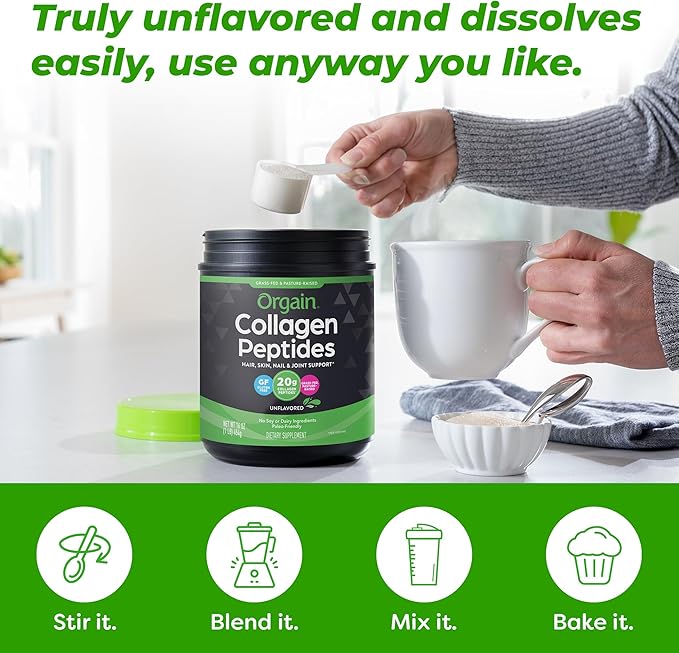 Orgain Hydrolyzed Collagen Peptides Powder For Women & Men, 20g Grass Fed Collagen, Unflavored