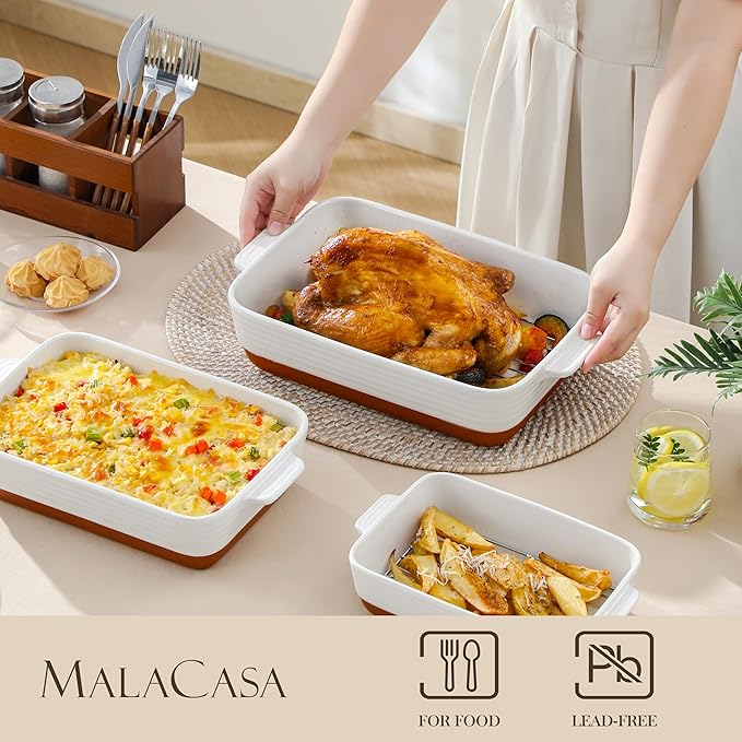 MALACASA Casserole Dishes for Oven with Roasting Racks, Ceramic Baking Dishes Set of 3, Baking Pan