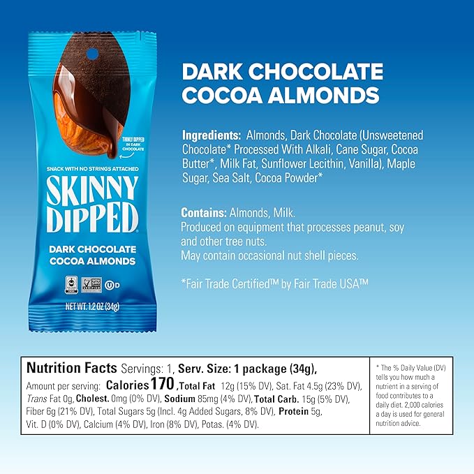SkinnyDipped Dark Chocolate Cocoa Almonds, Chocolate Covered Almonds, Low Sugar, Gluten Free