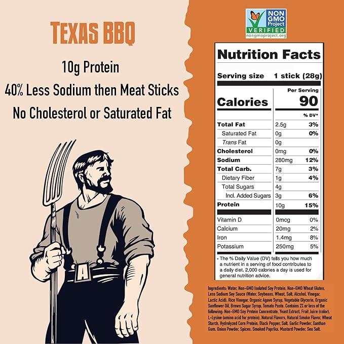 AGRO POWER Vegan Jerky Sticks ??Texas BBQ Flavor ??7-Stick Bag of Plant-Based Jerky with 10g