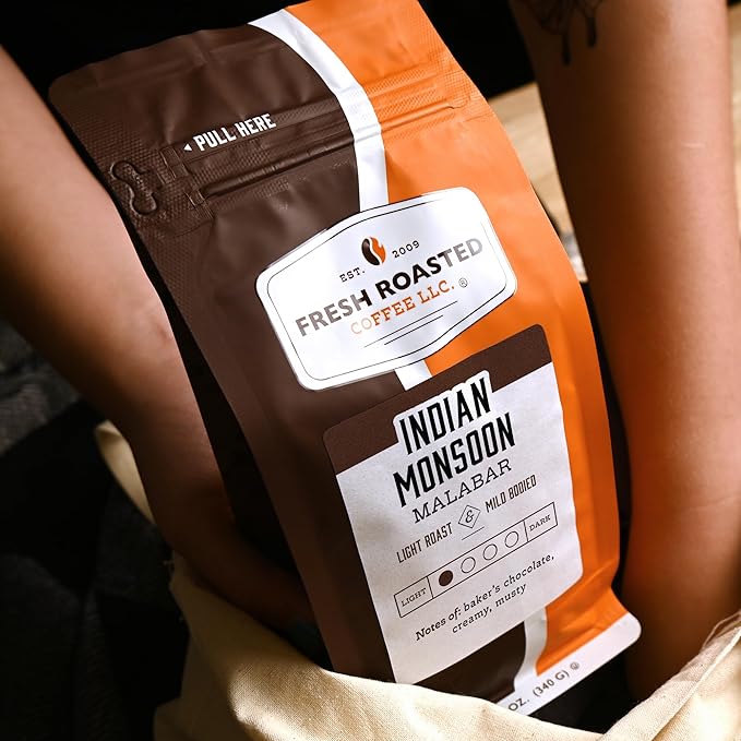 Fresh Roasted Coffee, Indian Monsoon Malabar, 2 lb (32 oz), Light Roast, Kosher, Whole Bean