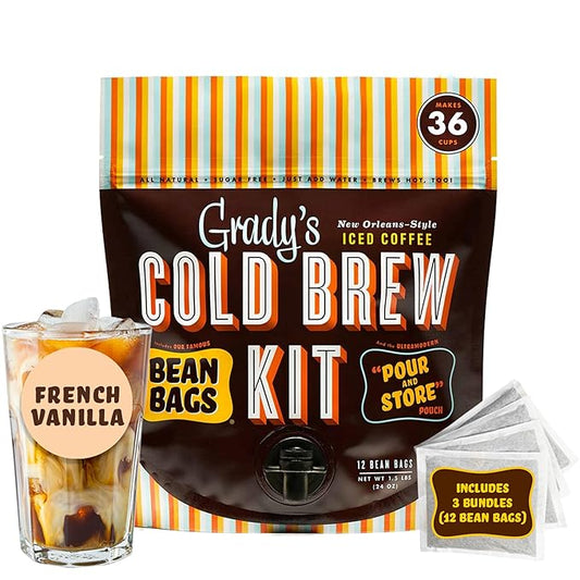 GRADY'S COLD BREW, French Vanilla, 100% Arabica Ground Coffee & Chicory Pouches, All-in-One Cold
