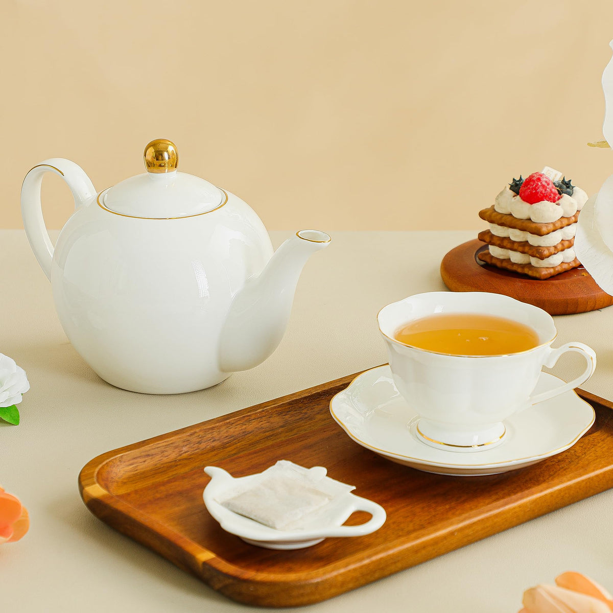 PRECITIME White Ceramic Tea Cup and Saucer Set of 8 (16-Piece) - 6oz Elegant Porcelain Cups with
