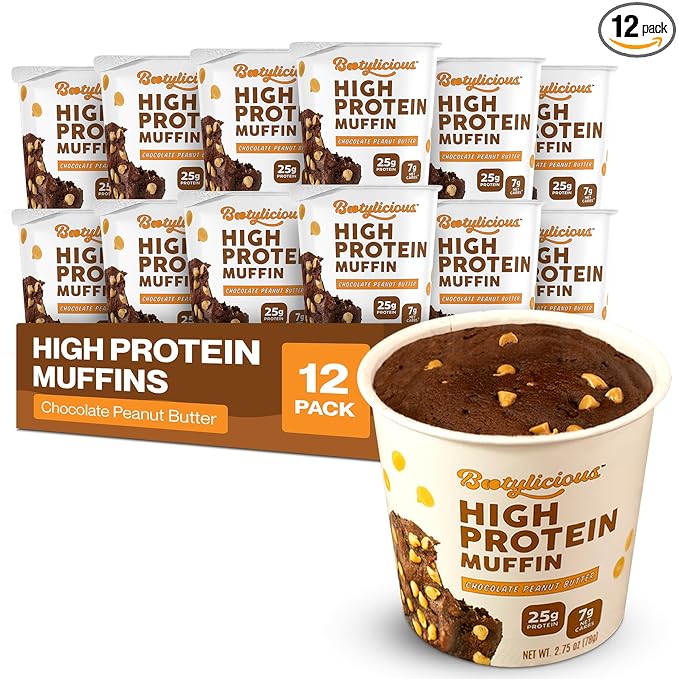 Bootylicious | High-Protein Muffin | 25g Protein, 7g Net Carbs, 2.32-2.75oz Cup, 12-Pack (Chocolate