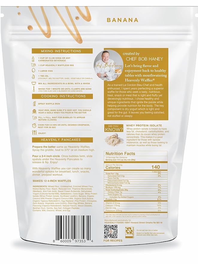 Heavenly Waffles짰 Mix, Banana, 11g Protein, Yogurt Based, Healthy and Nutritiously Balanced