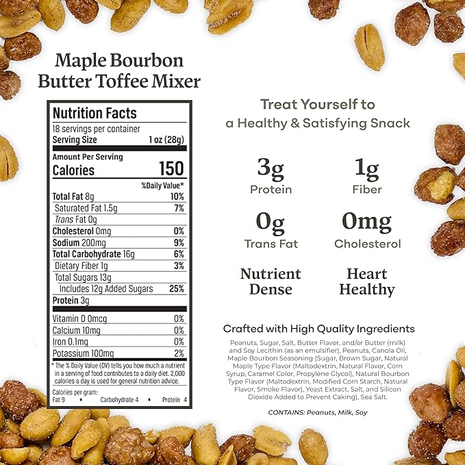 Belmont Peanuts Gourmet Maple Bourbon Butter Toffee Mixer with Maple Bourbon-Spiced Sea Salt and