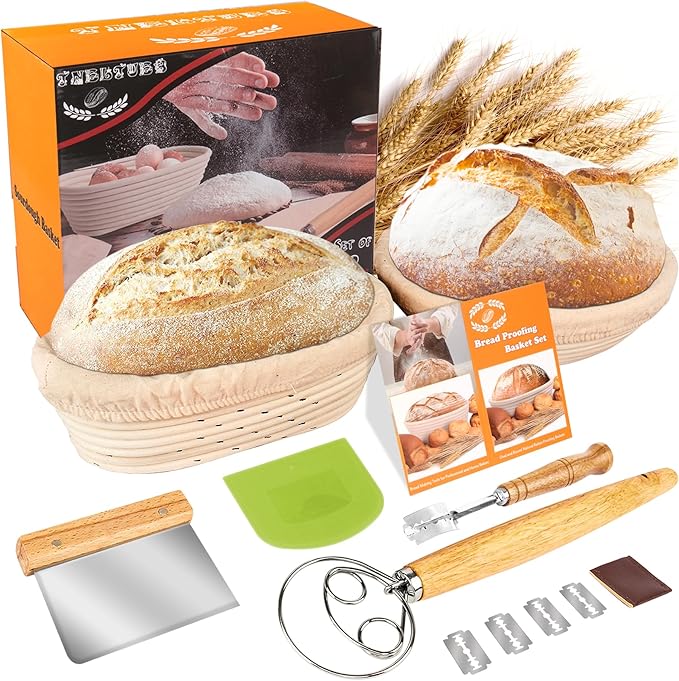 TNELTUEB Bread Proofing Basket Set, Incl 10'' Round & 9.6'' Oval Rattan Banneton, Dough Whisk