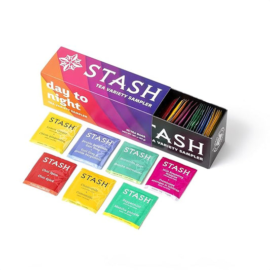 Stash Tea Day to Night Tea Sampler - Assorted Specialty Tea Gift Set, High to No Caffeine, 7