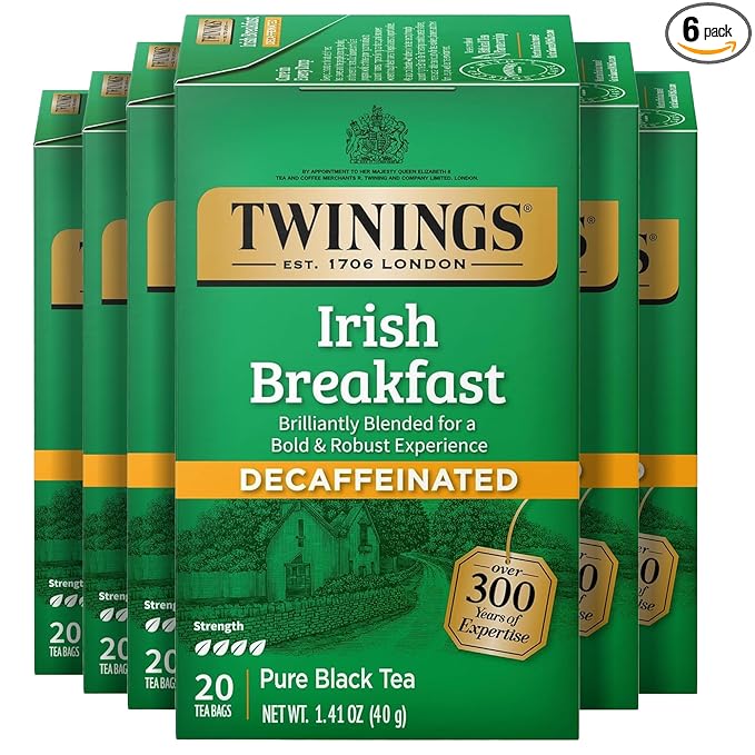 Twinings Decaffeinated Irish Breakfast Black Tea Individually Wrapped Bags, 20 Count (Pack of 6)