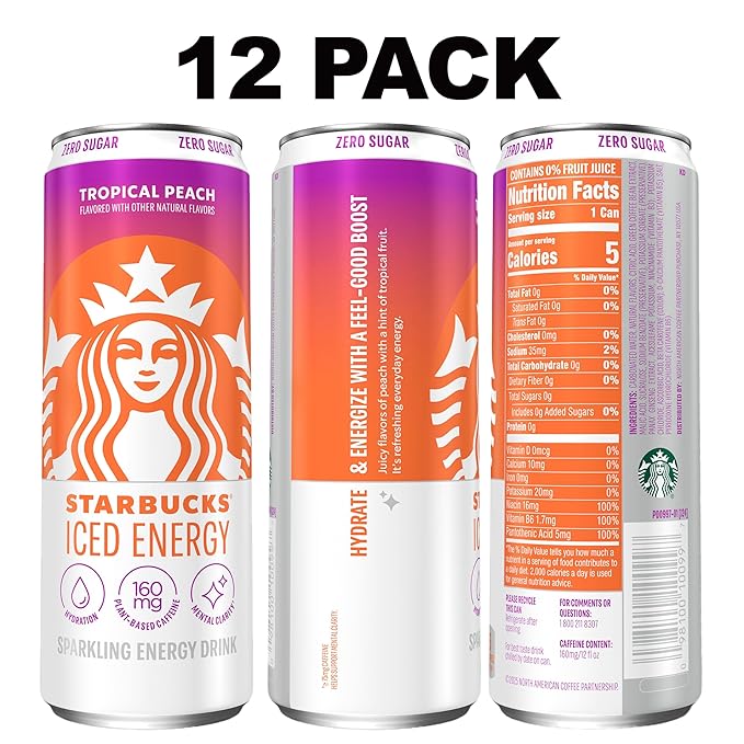 Starbucks Iced Energy Drink, Tropical Peach, Zero Sugar Energy Drink, Plant Based Caffeine