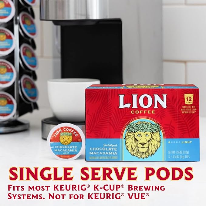 Lion Coffee Chocolate Macadamia Flavored Medium Roast Coffee Pods - Single-Serve Pods - Hawaiian