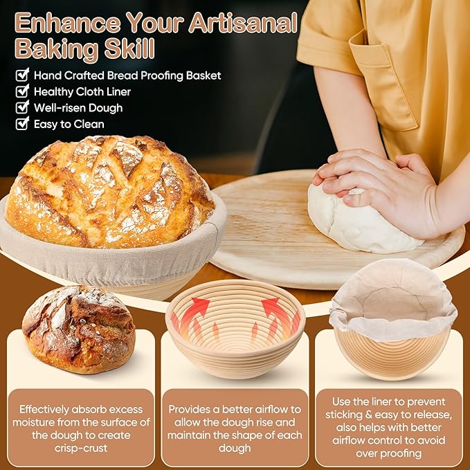 TeamFar Bread Proofing Basket Set of 2, Sourdough Bread Baking Supplies, 9 Inch Round Proofing