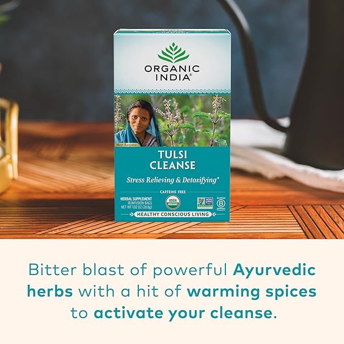 ORGANIC INDIA Tulsi Cleanse Tea - Holy Basil, Ginger, Turmeric, Herbal Tea, Stress Relieving &
