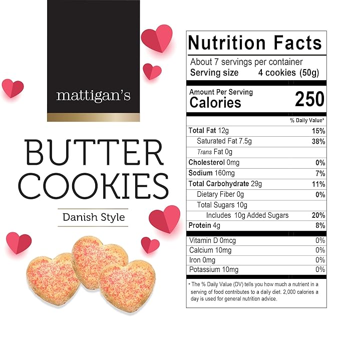 Mattigan's Pink Heart Butter Cookies Danish Style Cookie, 12 Oz Tin, Gourmet Gifts, Holidays