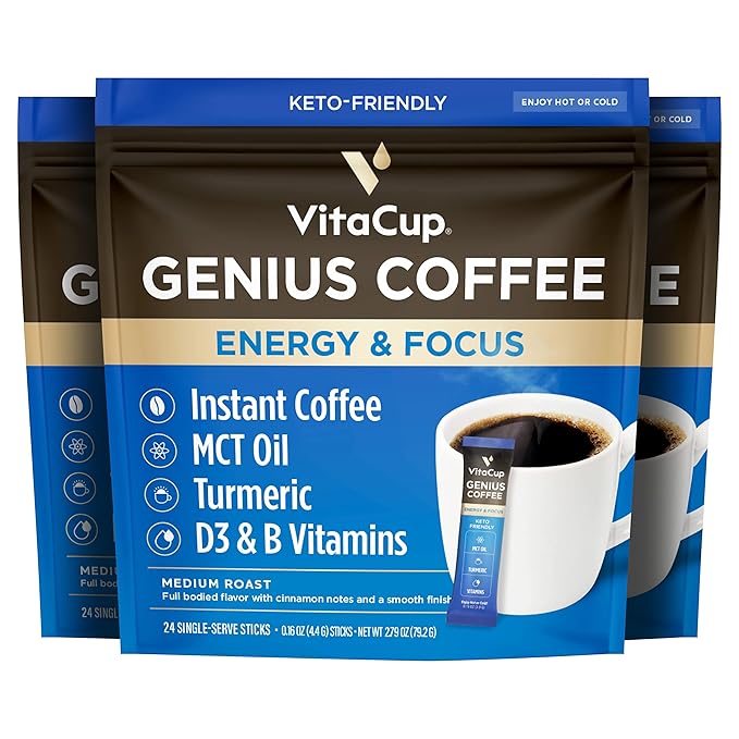 VitaCup Genius Instant Coffee Packets, Increase Energy & Focus, Keto Coffee, Serve Hot or Cold