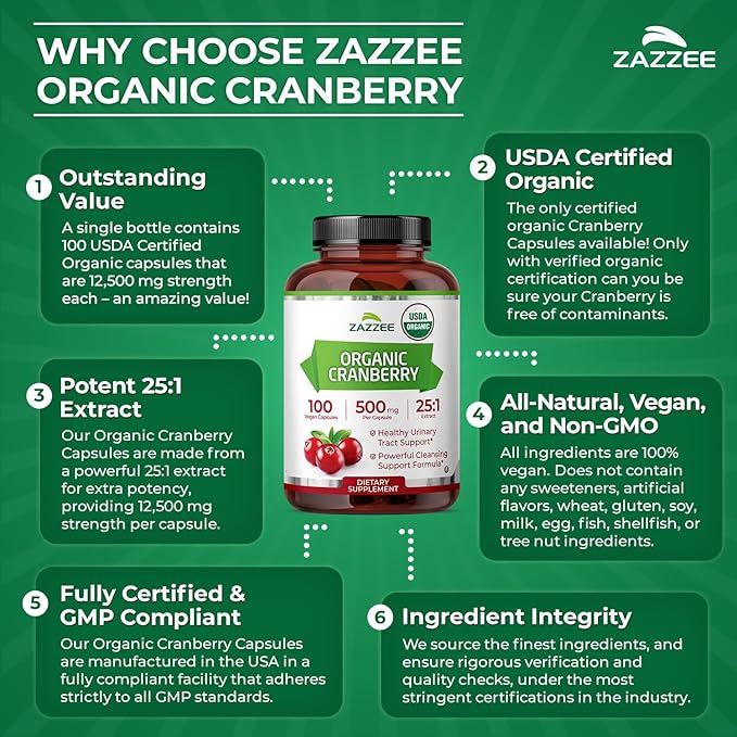 Zazzee USDA Organic Cranberry 25:1 Extract, 500 mg per Capsule, 100 Vegan Capsules, Over 3 Month