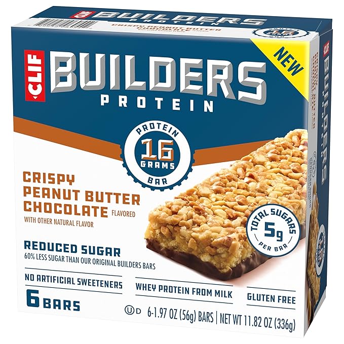 CLIF BUILDERS Protein Bars - Crispy Peanut Butter Chocolate Flavored - Reduced Sugar - Gluten Free
