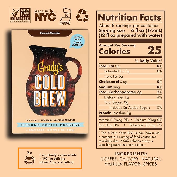 GRADY’S COLD BREW, French Vanilla, 100% Arabica Ground Coffee & Chicory Pouches, TWO Bundles of 4