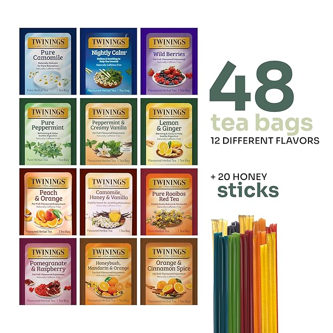 Twinings 48 Tea Bags Herbal Variety Pack, Bundle with 20 Flavored Honey Sticks – 12 Flavors