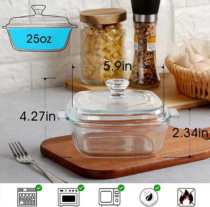 NUTRIUPS 0.8L Glass Casserole Dish with Lid Oven Safe Square Casserole Dish 5.9in Glass Microwave