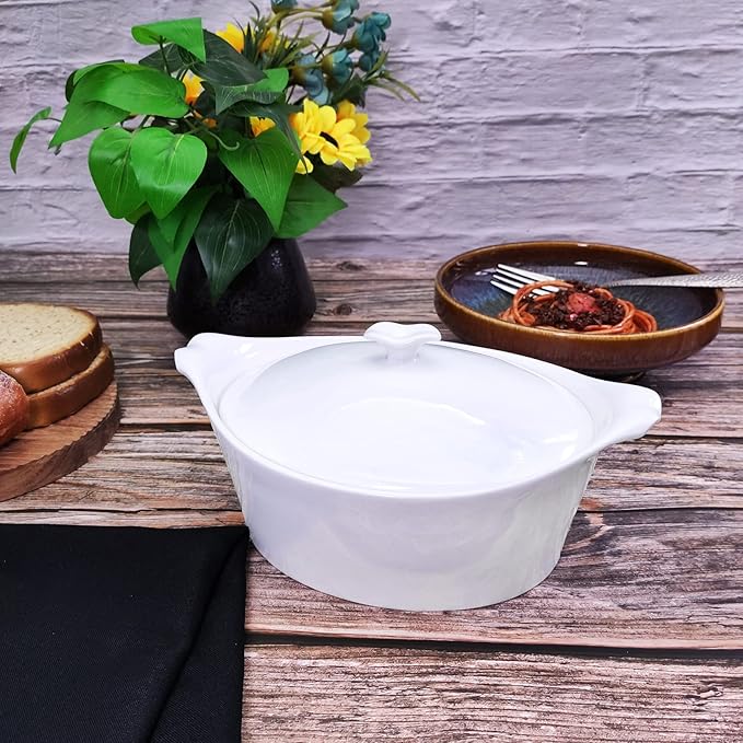 8.7" x 6.7" Ceramic Oval Casserole Dish with Lids,1.6 Qt White French Serving Soup Tureens, Baking