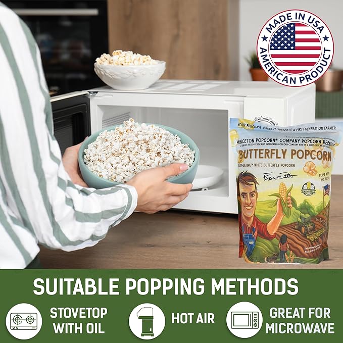 Princeton Popcorn White Butterfly Hulless Popcorn Kernels - Easy-Eating, Baby Small Tender Popping