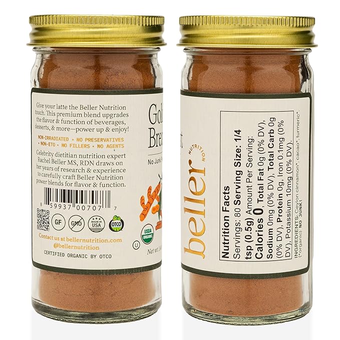 Beller Nutrition Golden Breakfast Organic Ceylon Cinnamon Powder Blend | 1.3 oz | No Salt Cinnamon