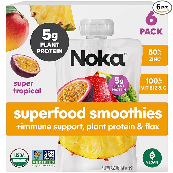 Noka Superfood Fruit Smoothie Pouches, Super Tropical with Immune Support, Healthy Snacks with