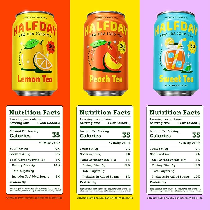 HALFDAY Prebiotic Iced Tea Lemon, Peach, Sweet Tea Variety Pack, Gut Health, Plant Fiber &