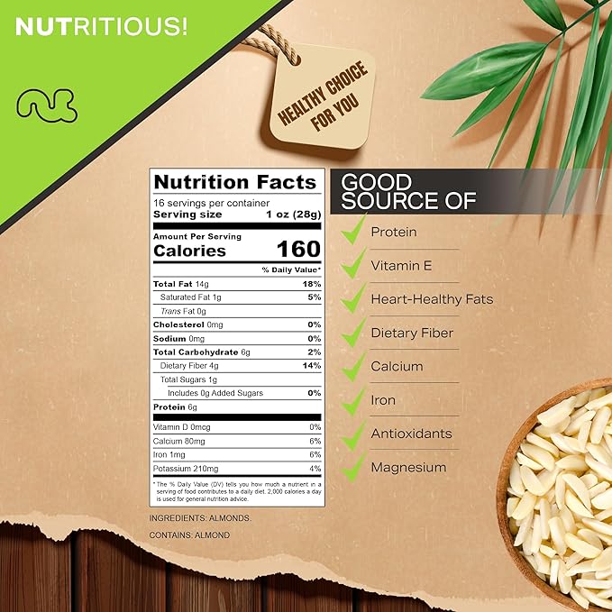 NUT CRAVINGS - Raw Slivered Almonds, Unsalted, (16oz - 1 LB) Packed Fresh in Resealable Bag - Nut