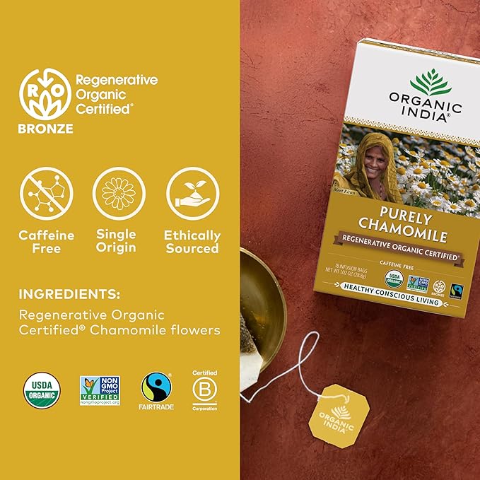 Organic India Purely Chamomile Tea- Regenerative Organic Chamomile Flowers, Caffeine Free, Calming