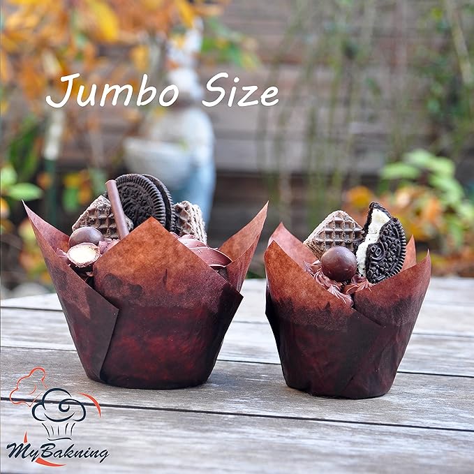(Jumbo Extra Large size) Brown+White Tulip Baking Cups 2-1/4"(Base diameter) x 3-3/4"(Wall height)