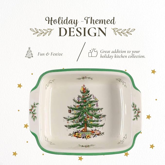 Spode Christmas Tree Rectangular Handled Dish (9" x 12") Baking & Seasonal Platters - Earthenware