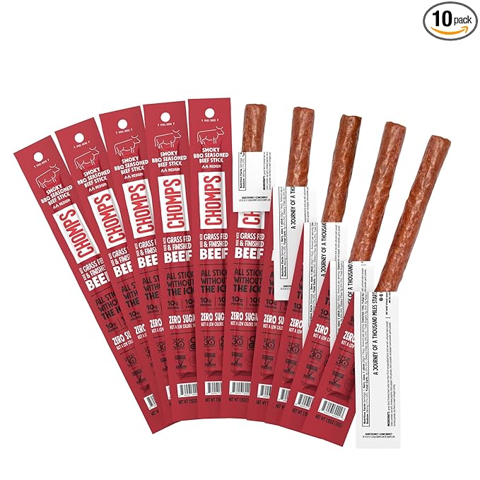 Chomps Grass-Fed and Finished Smoky BBQ Beef Jerky Snack Sticks 10-Pack - Keto, Paleo, Whole30, 10g