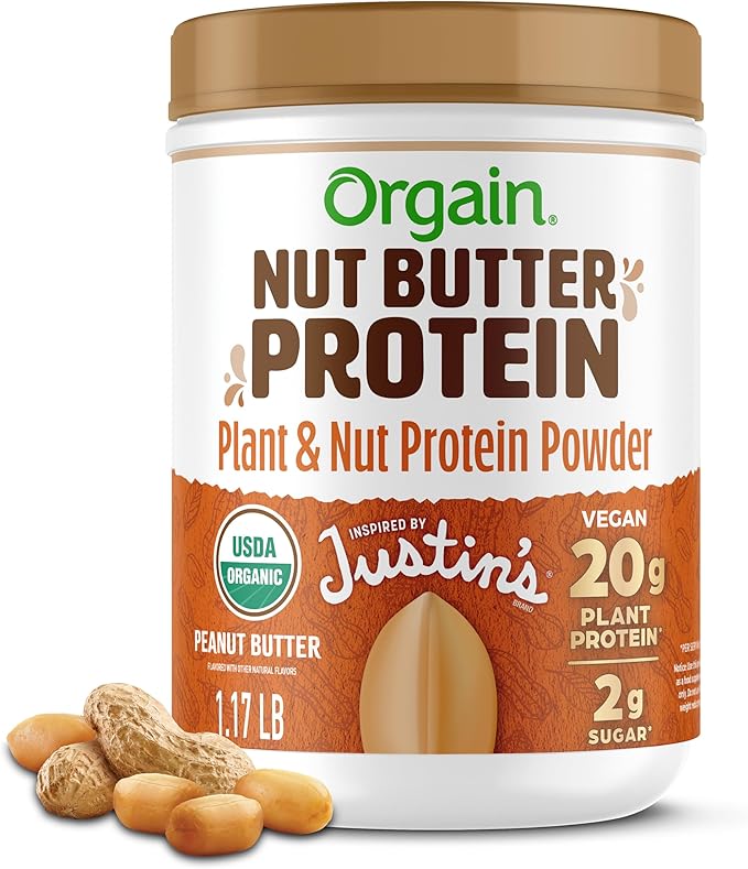 Orgain X Justin's ì§?Organic Vegan Nut Butter Protein Powder, Peanut Butter- 20g Plant Protein, 2g