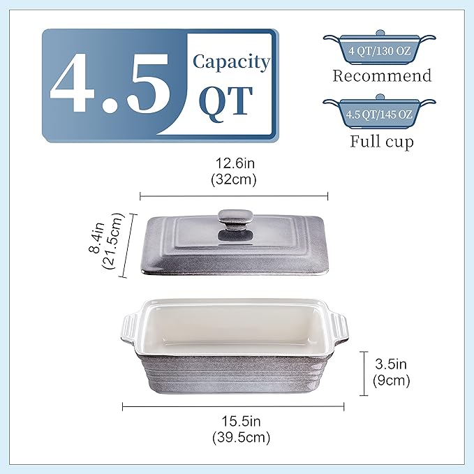 LOVECASA 4.5 Quart Ceramic Casserole Dish with Lid, 9x13 Baking Dish for Oven, Lasagna Pan Deep