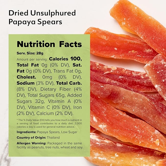 NUTS U.S. - Dried Papaya Spears (Unsulphured) | Low Sugar. Lightly Sugar Coated | No Color Added |