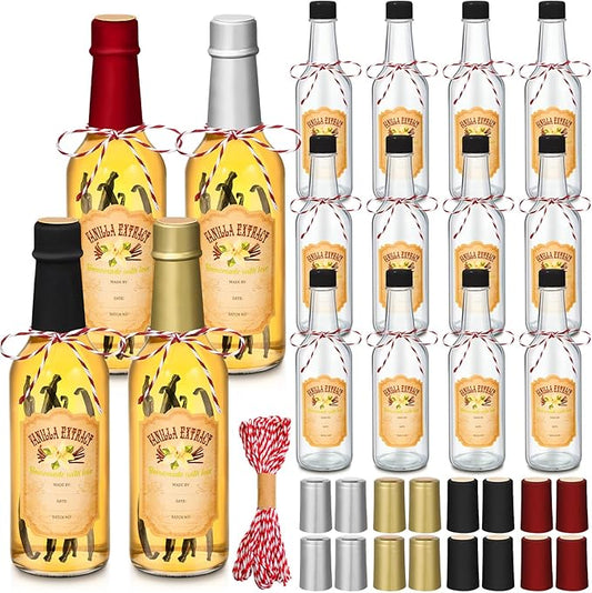 Tioncy 16 Pcs Vanilla Extract Bottles for Homemade Vanilla Jar Glass Bottle with Cap, Shrink Band