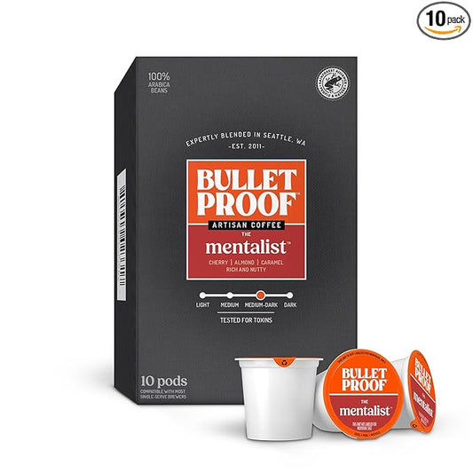 Bulletproof The Mentalist Medium-Dark Roast Single-Serve Pods, 10 Count, 100% Arabica Beans, Clean
