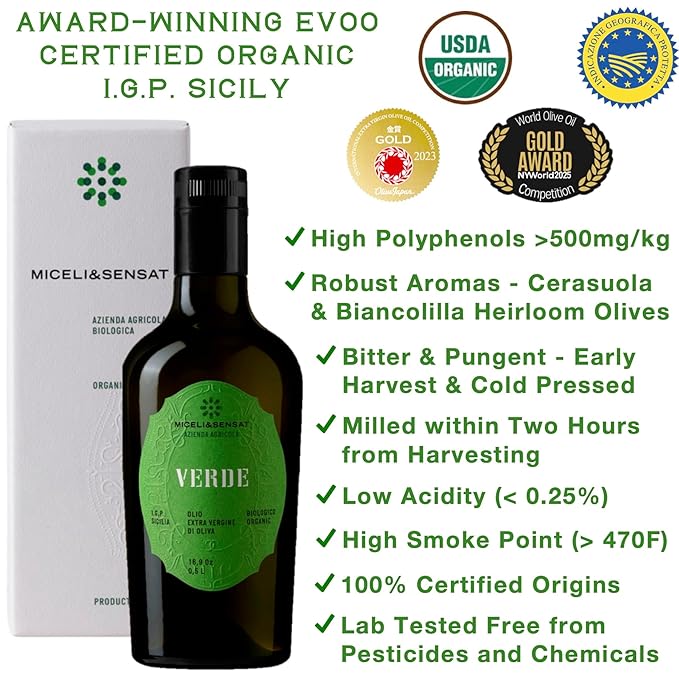 Green Robust Organic 500+ mg/kg Polyphenols Rich Italian Extra Virgin Olive Oil from Italy, 2025