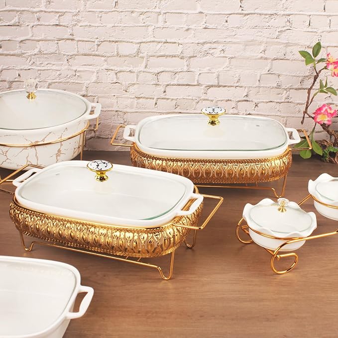 11" x 8" Ceramic Rectangular Casserole Dish with Glass Lid and rack, 1.6 Quart White Serving Soup