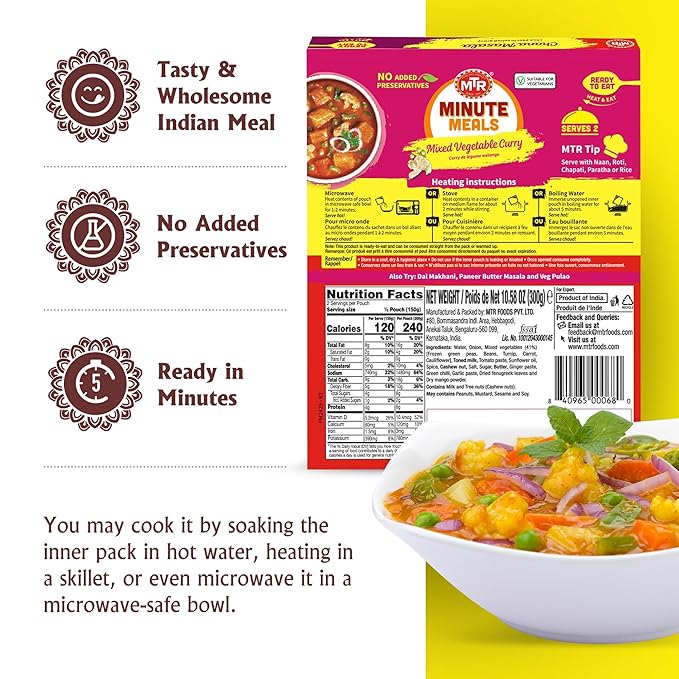 MTR - Minute Meals: Flavorful Mixed Vegetable Curry - Authentic Indian Ready-to-Eat Meal with No