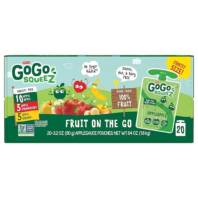 GoGo squeeZ Applesauce, Variety Pack (Apple/Banana/Strawberry), 3.2 Ounce (20 Pouches), Gluten
