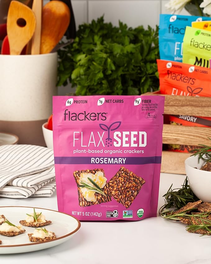 Flackers Organic Rosemary Flaxseed Crackers, 5 Ounce 6-Pack, Gluten Free, Non GMO, Vegan, Keto